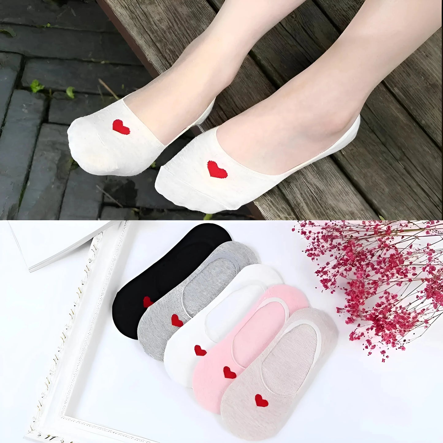 5-Pack Ankle Socks with Red Heart Design
