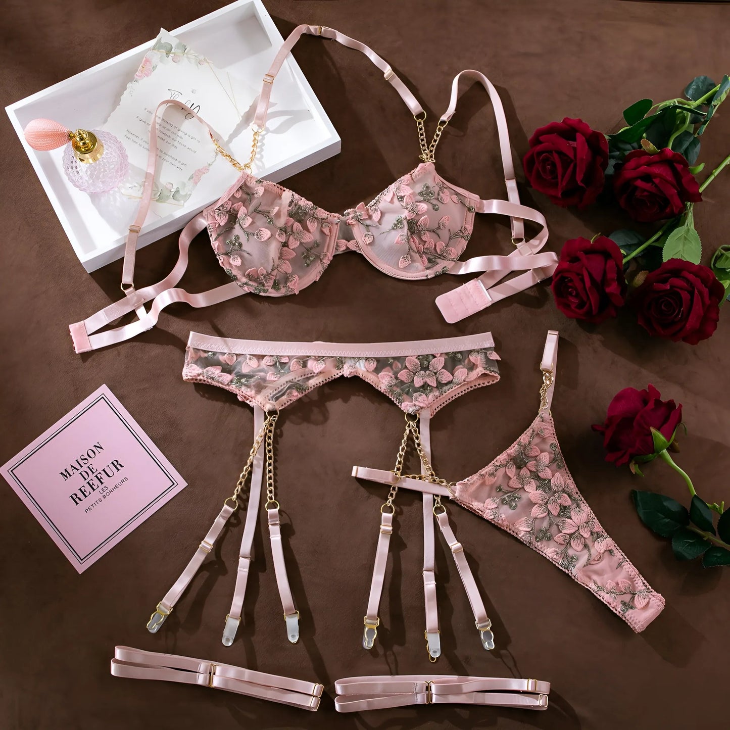 Beige 3-Piece Lingerie Set with Floral Lace and Chains