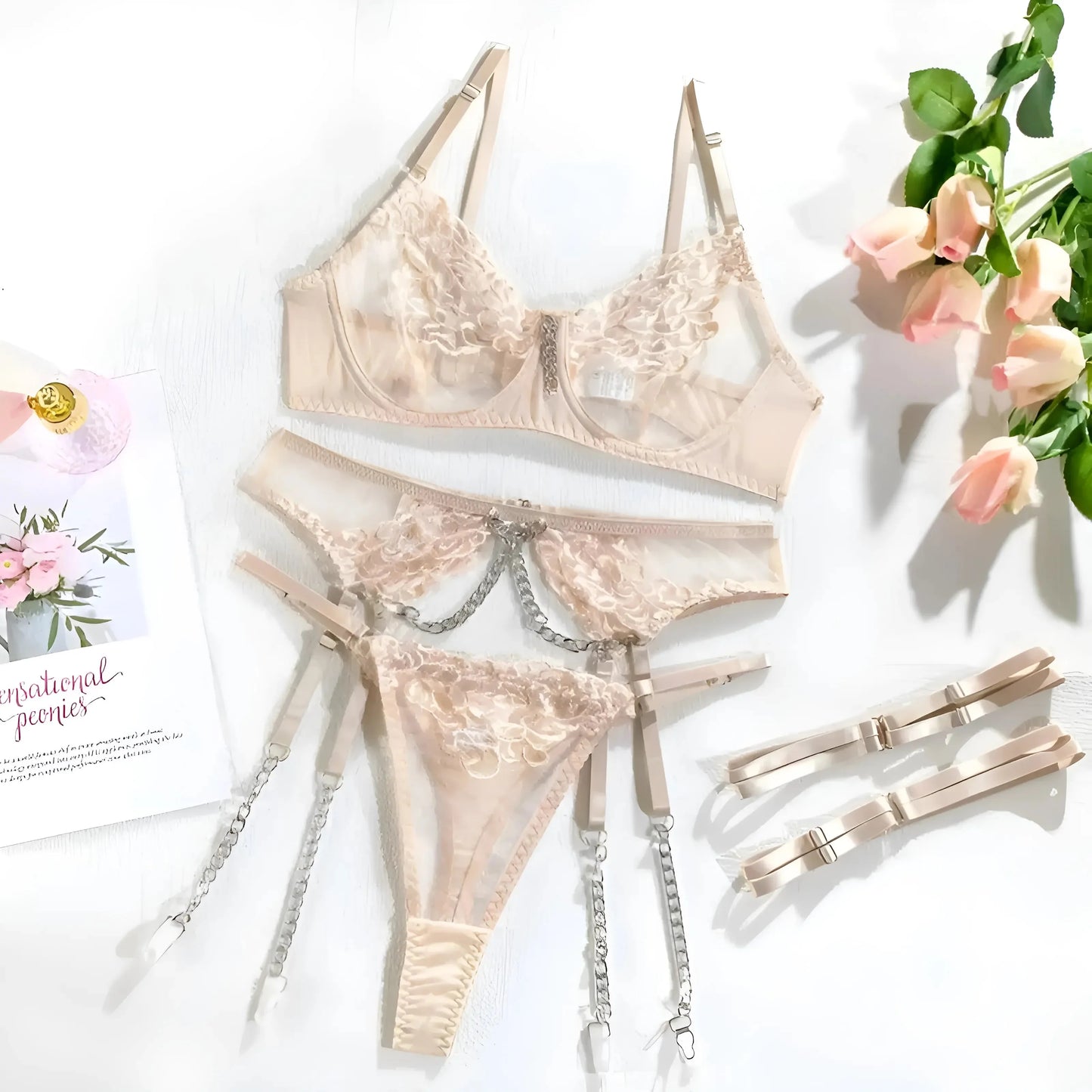 Beige Lace Lingerie Set with Chains