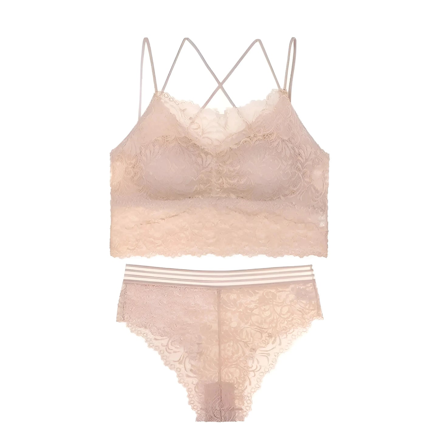 Beige Lace Lingerie Set with Low-Cut Top