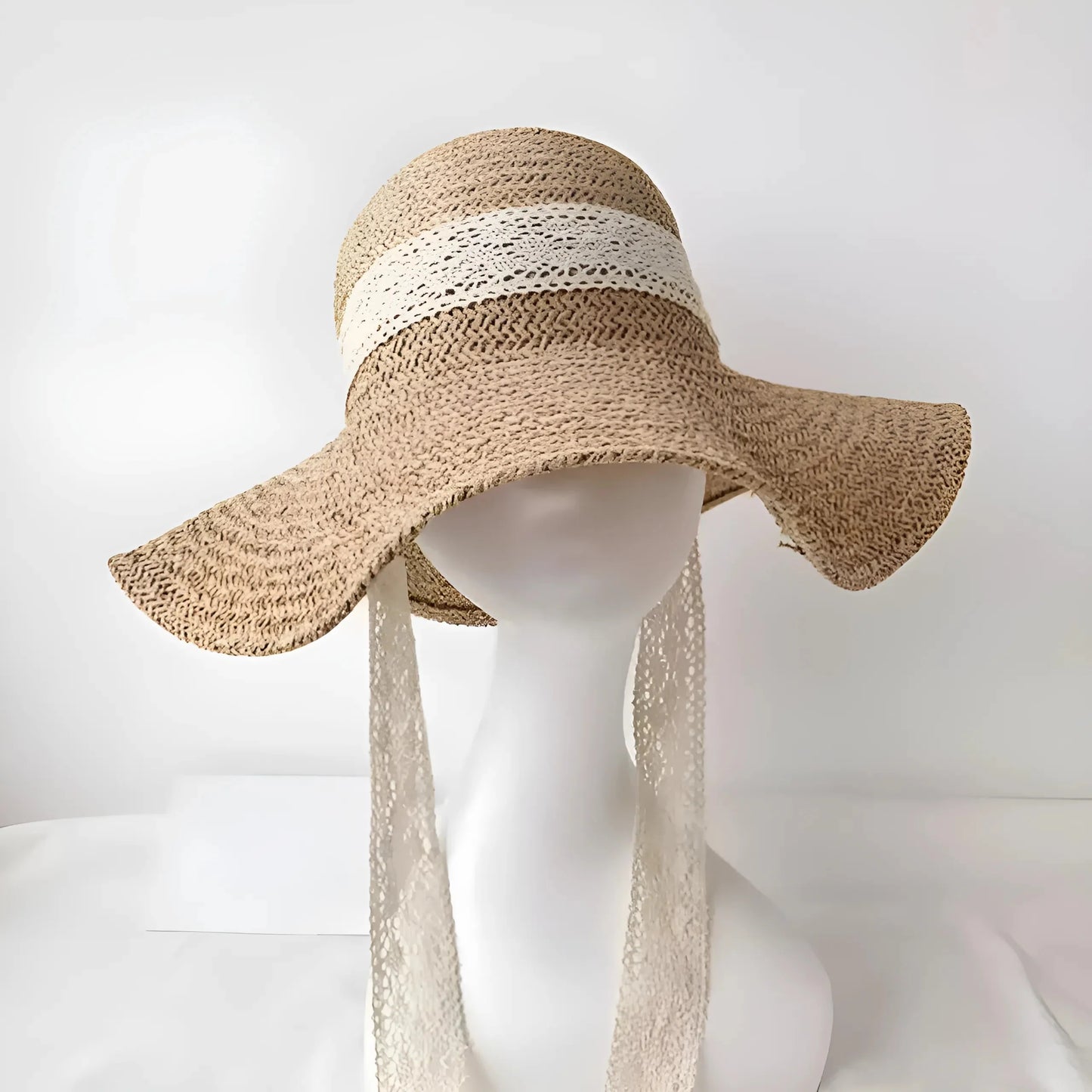 Beige Lace Ribbon Beach Hat