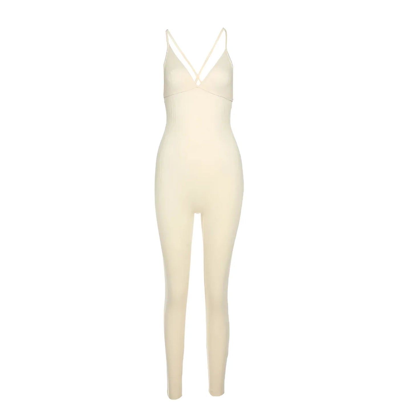 Beige One-Piece Sports Outfit with Neckline
