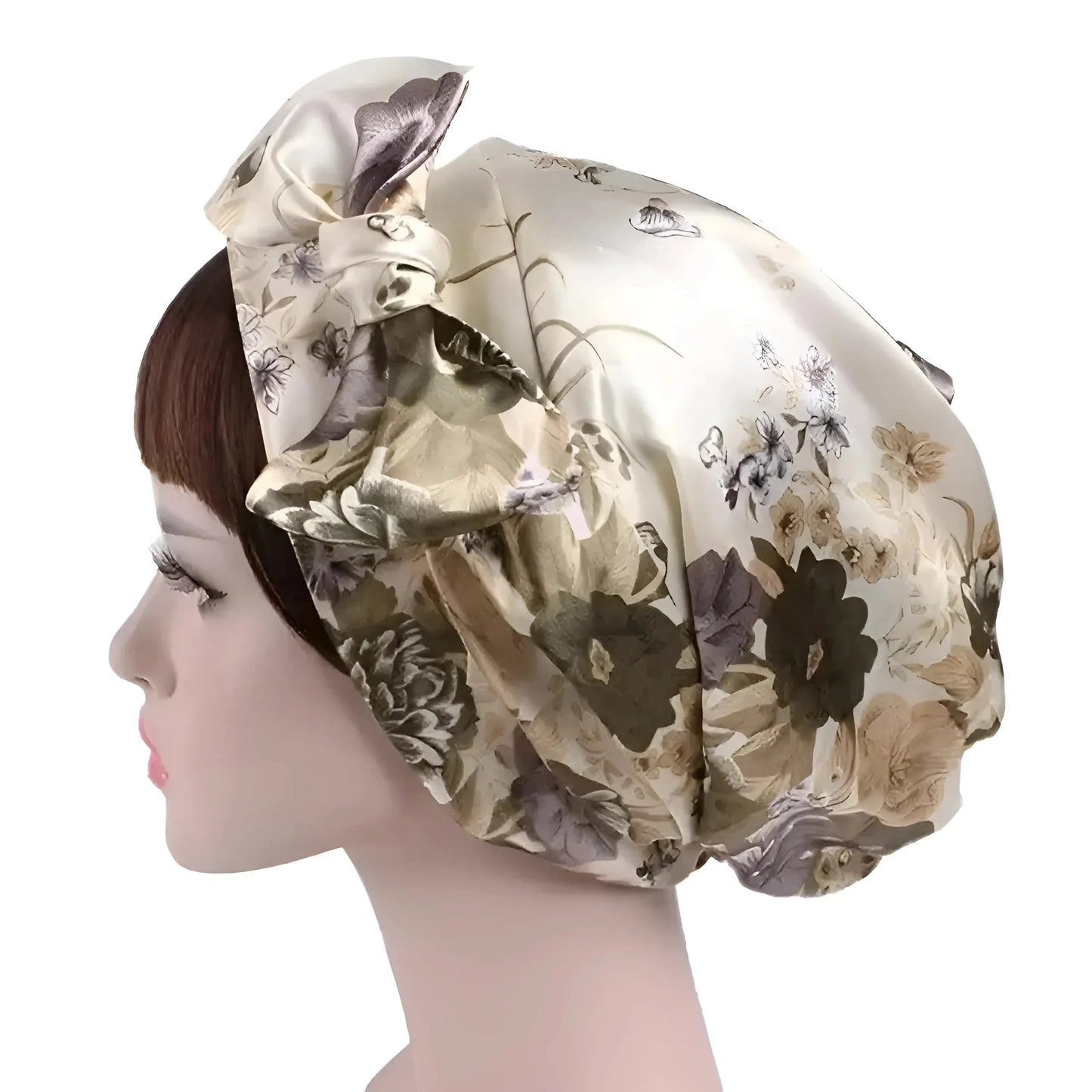 Beige Satin Sleep Cap with Ties