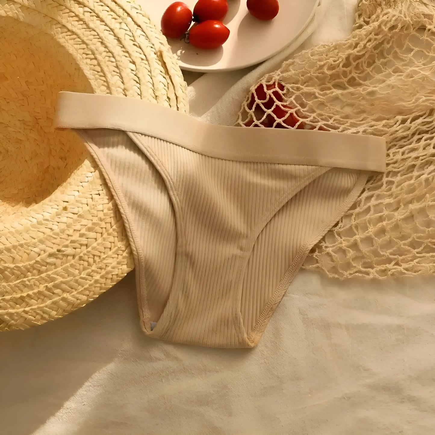 Beige Striped Briefs with Wide Waistband