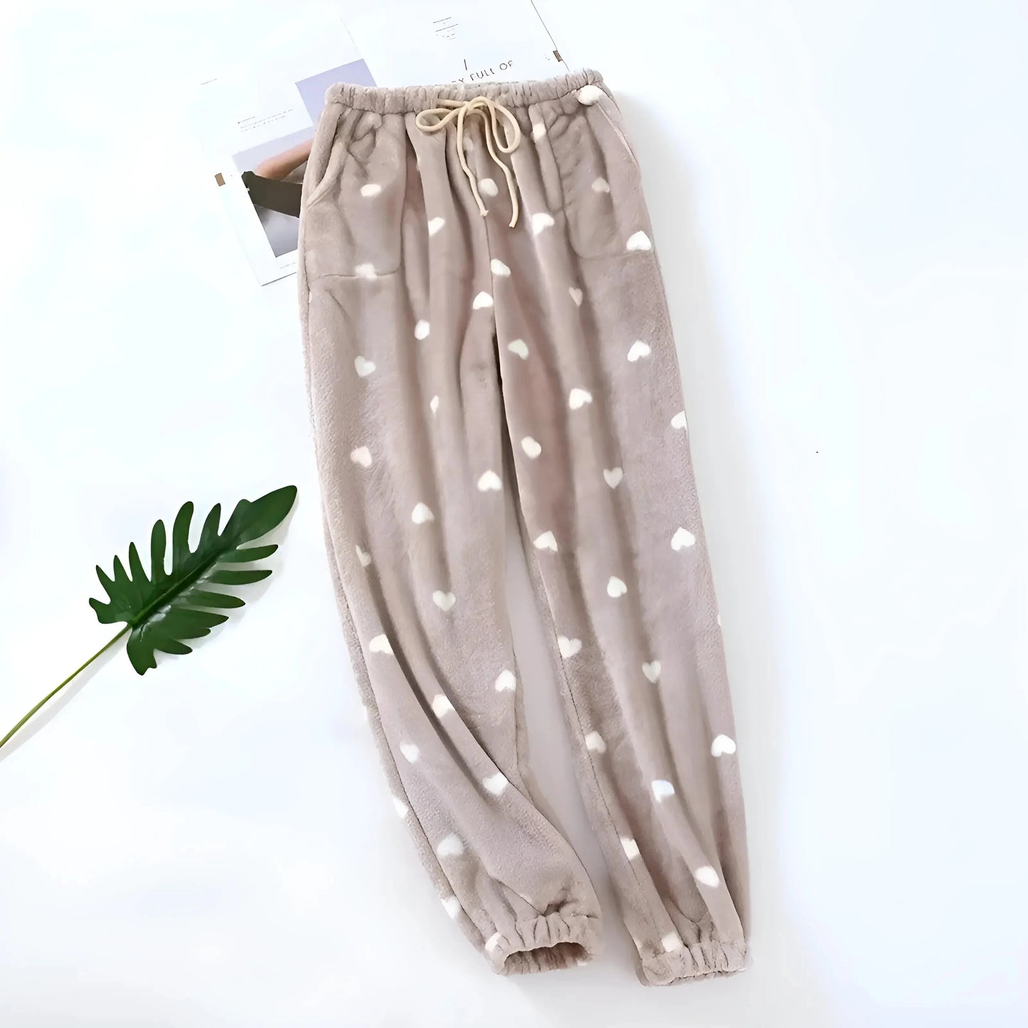 Beige Women's Heart Print Sleep Trousers