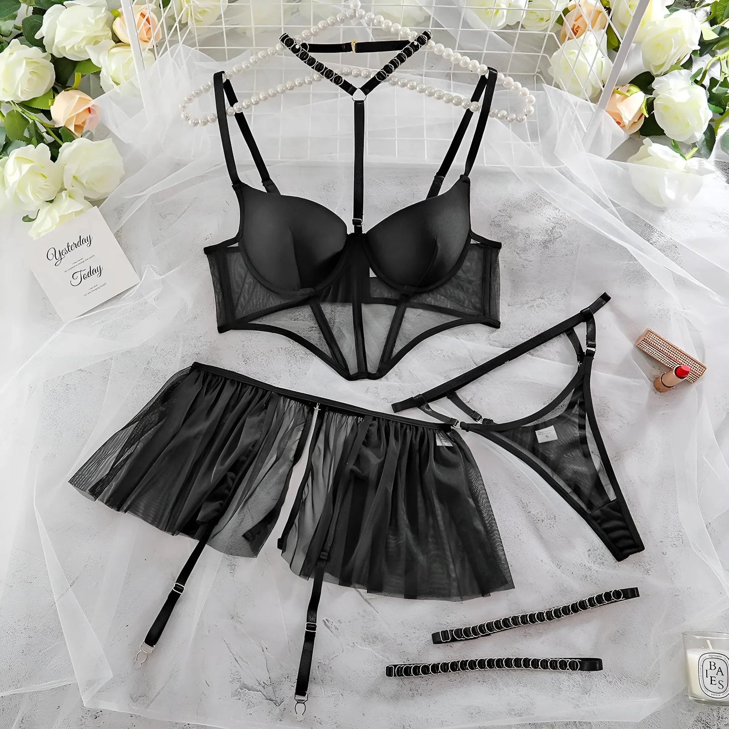 Black 3-Piece Lingerie Set with Decorative Frill