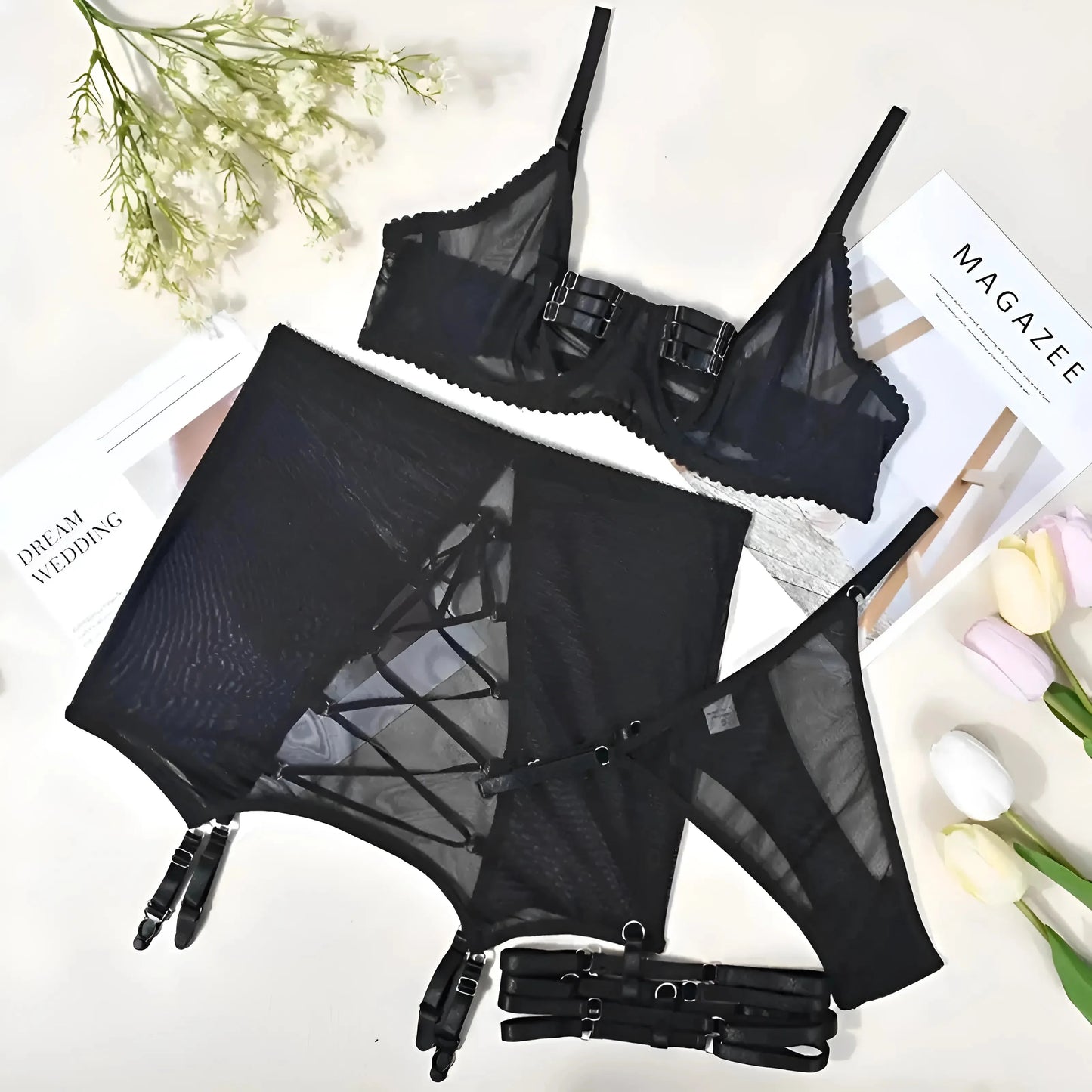 Black 4-Piece Lace Lingerie Set