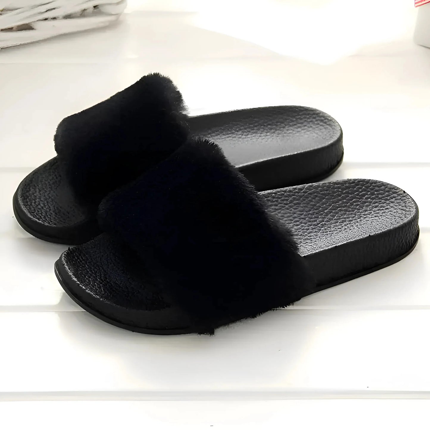 Black Faux Fur Slippers