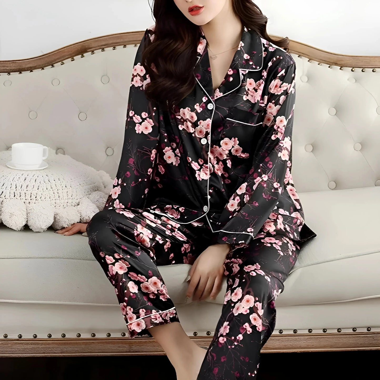 Black Floral Satin Two-Piece Pyjama Set