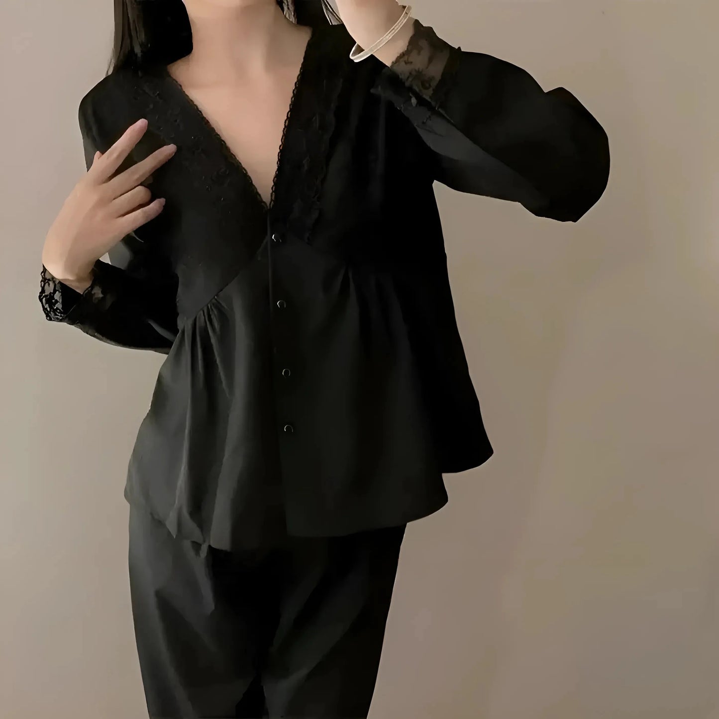 Black Lace and Button Pyjama
