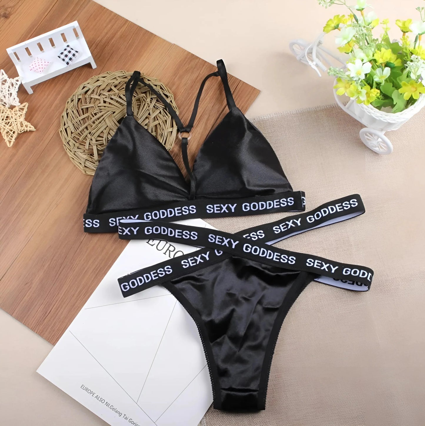 Black Lace Lingerie Set with Straps