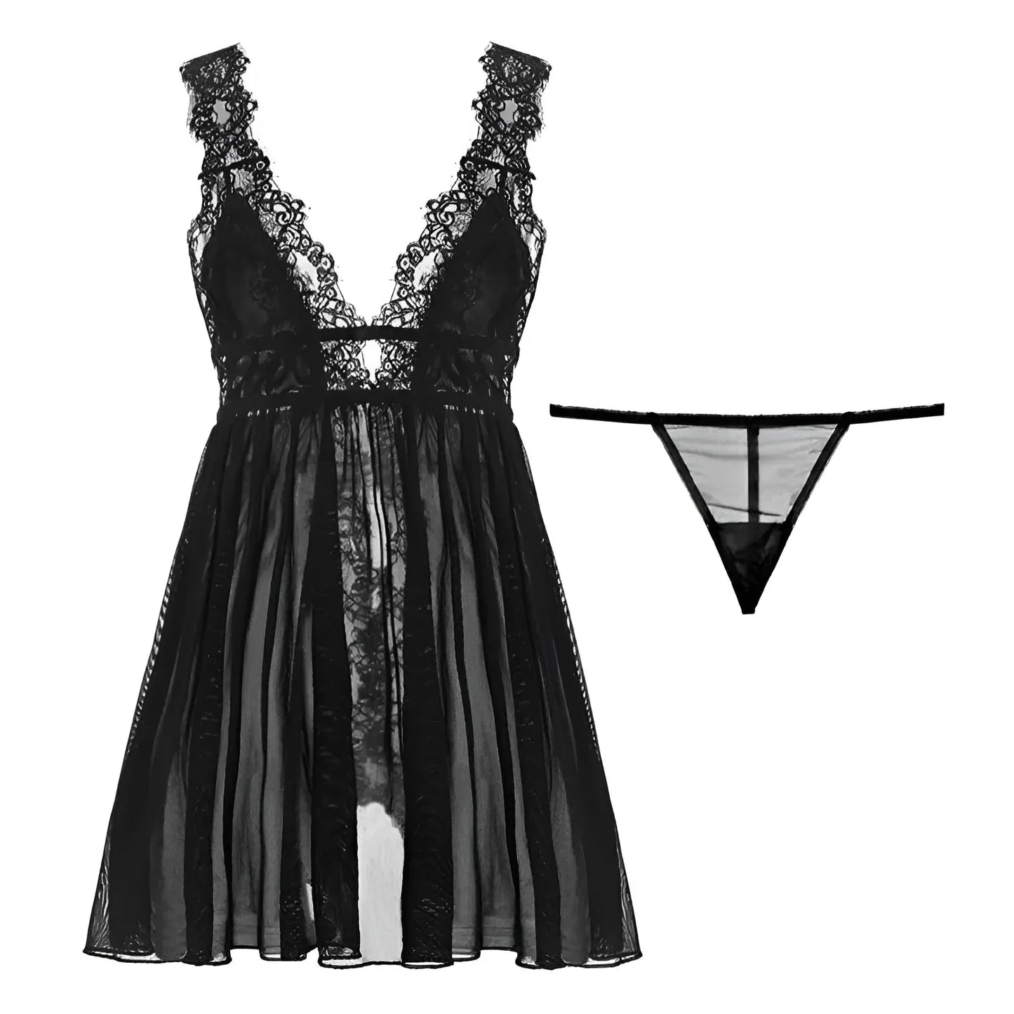 Black Lace Nightdress with Deep V-Neck