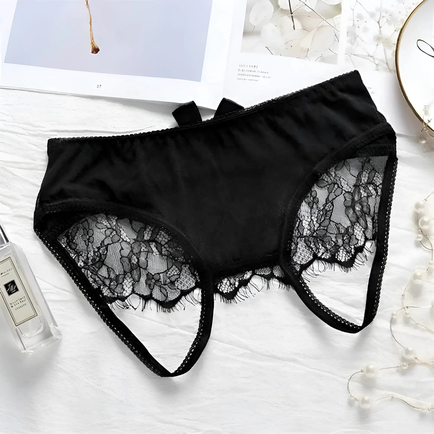 Black Lace Open Knickers with Bow