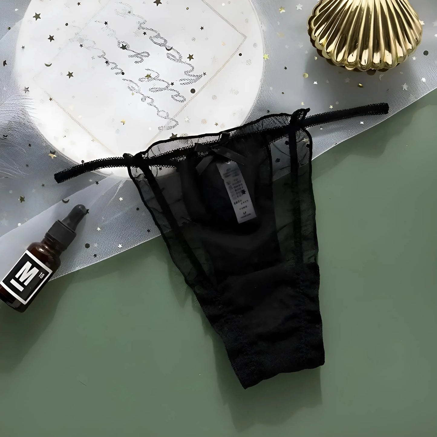 Black Lace String with Ruching