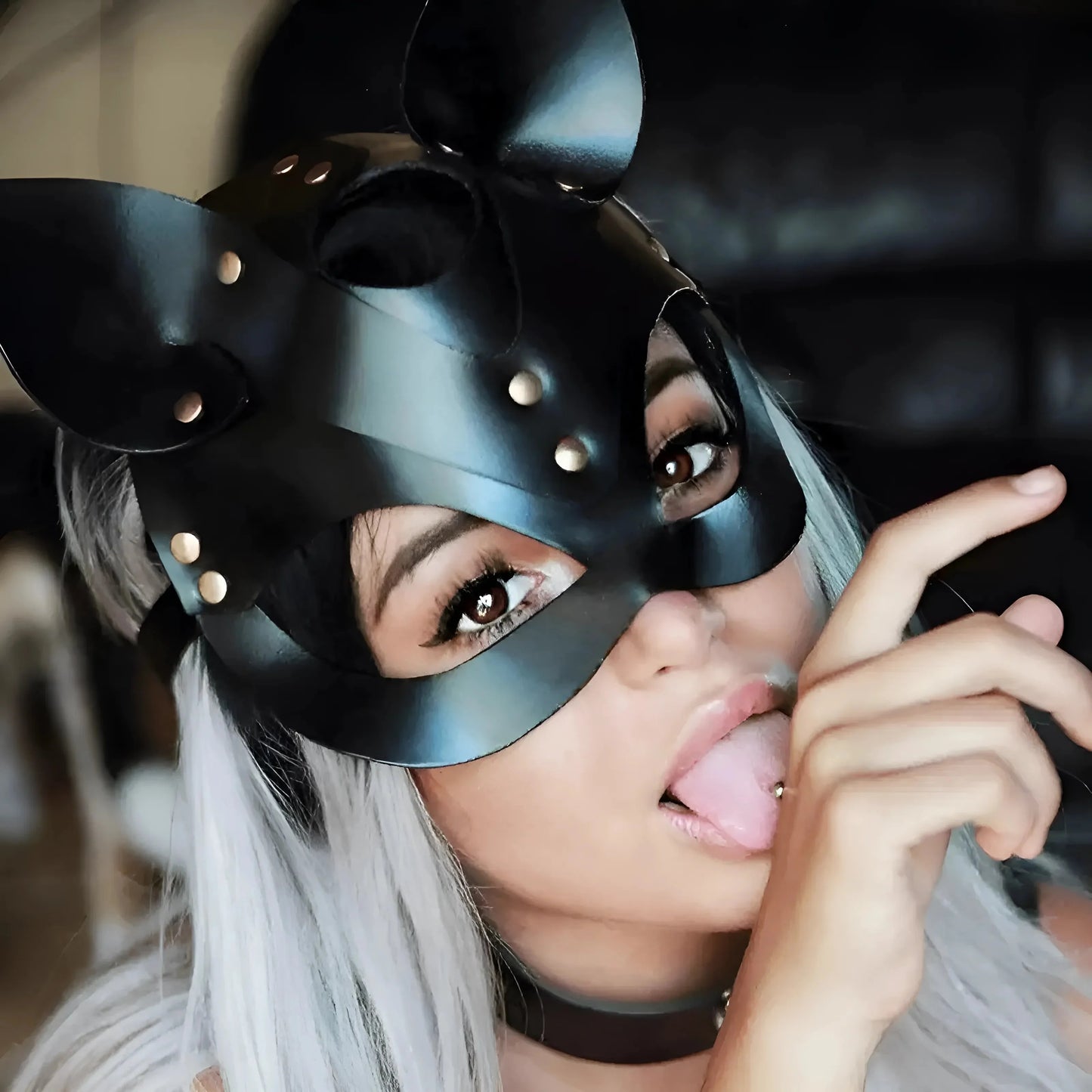 Black Leather Cat Mask with Ears