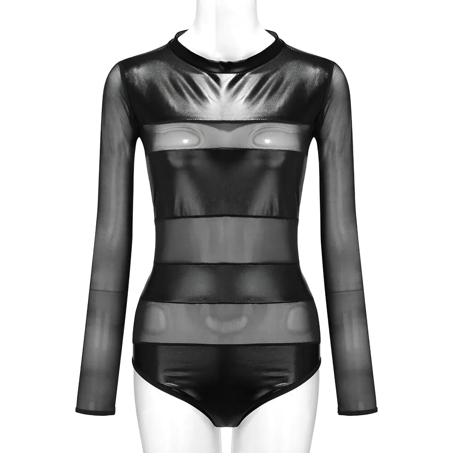 Black Long Sleeve Bodysuit with Leather Inserts
