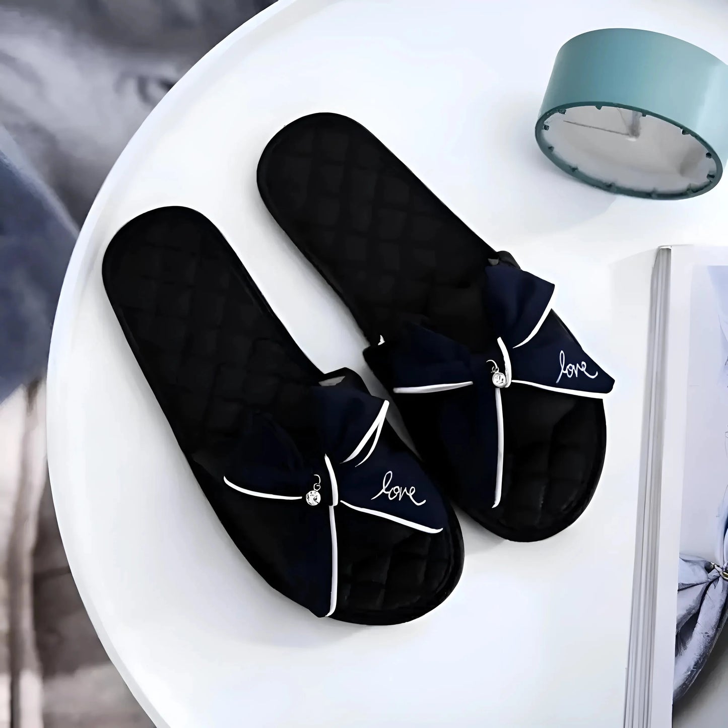 Black Quilted Women's Slippers with Bows