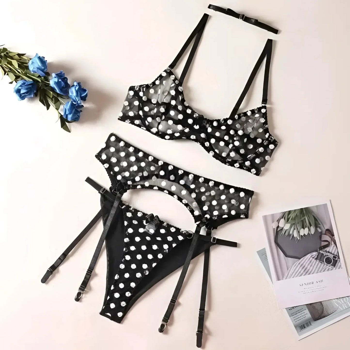 Black Sensual Polka Dot Mesh Lingerie Set with Choker