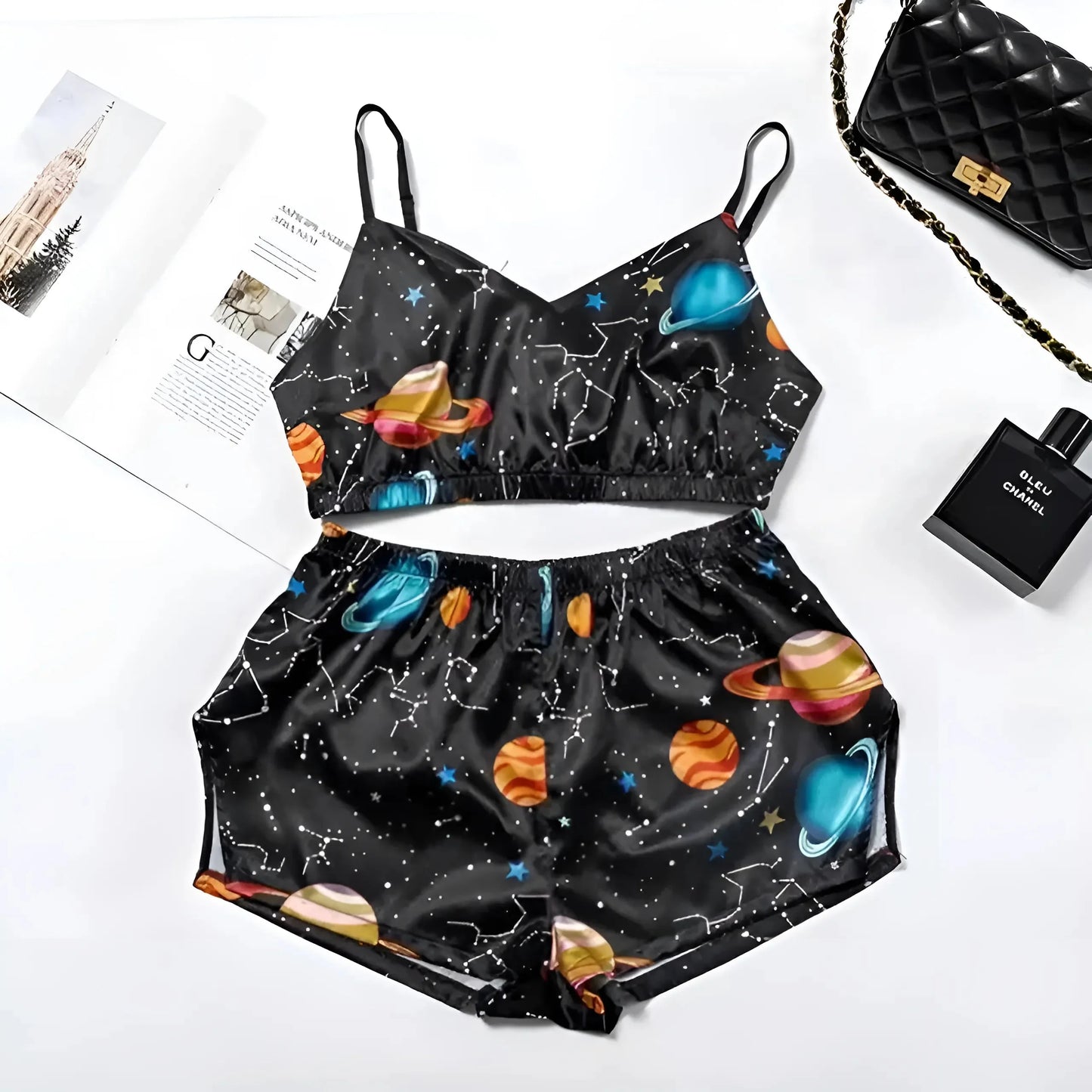 Black Short Top and Patterned Pyjama Set