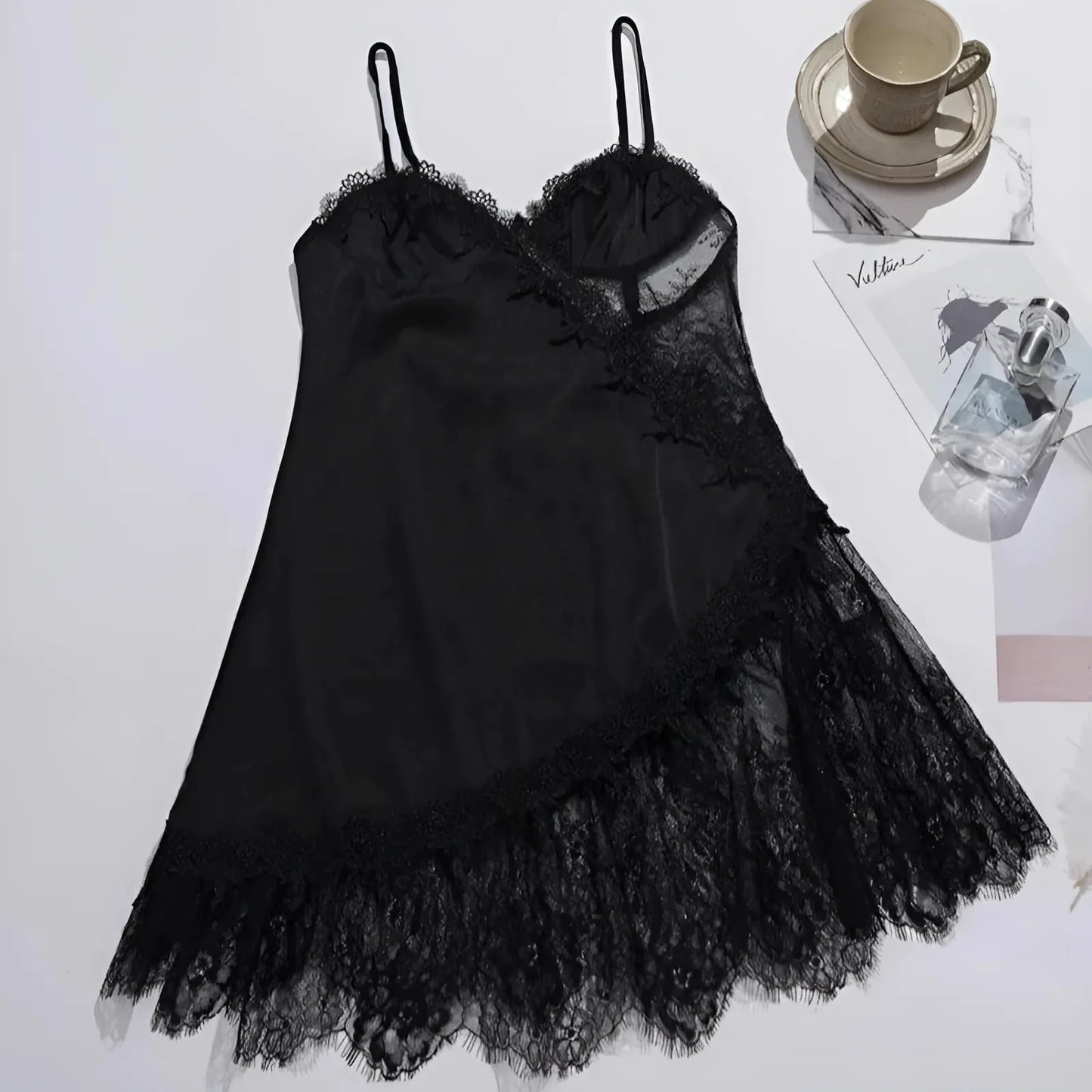 Black Silk Nightdress with Lace Embellishments