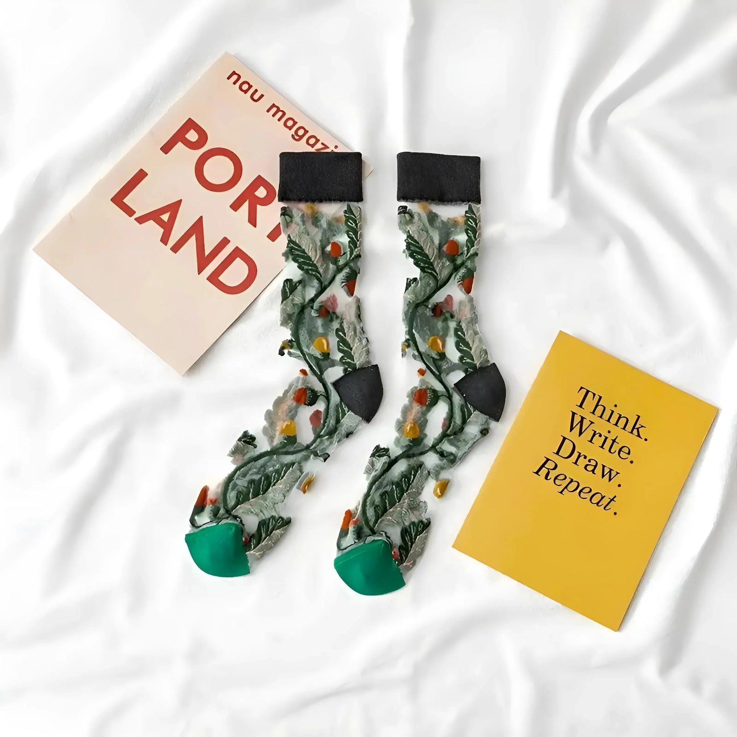 Black Transparent Floral Patterned Socks