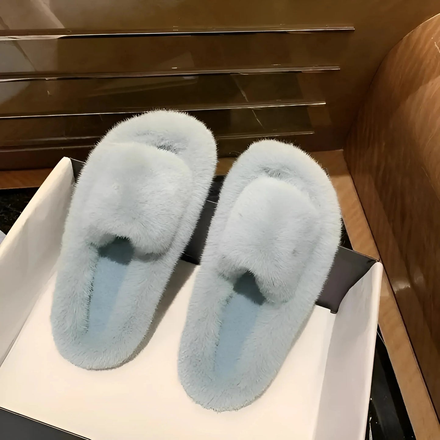 Blue Classic Women's Slippers with Fur Lining