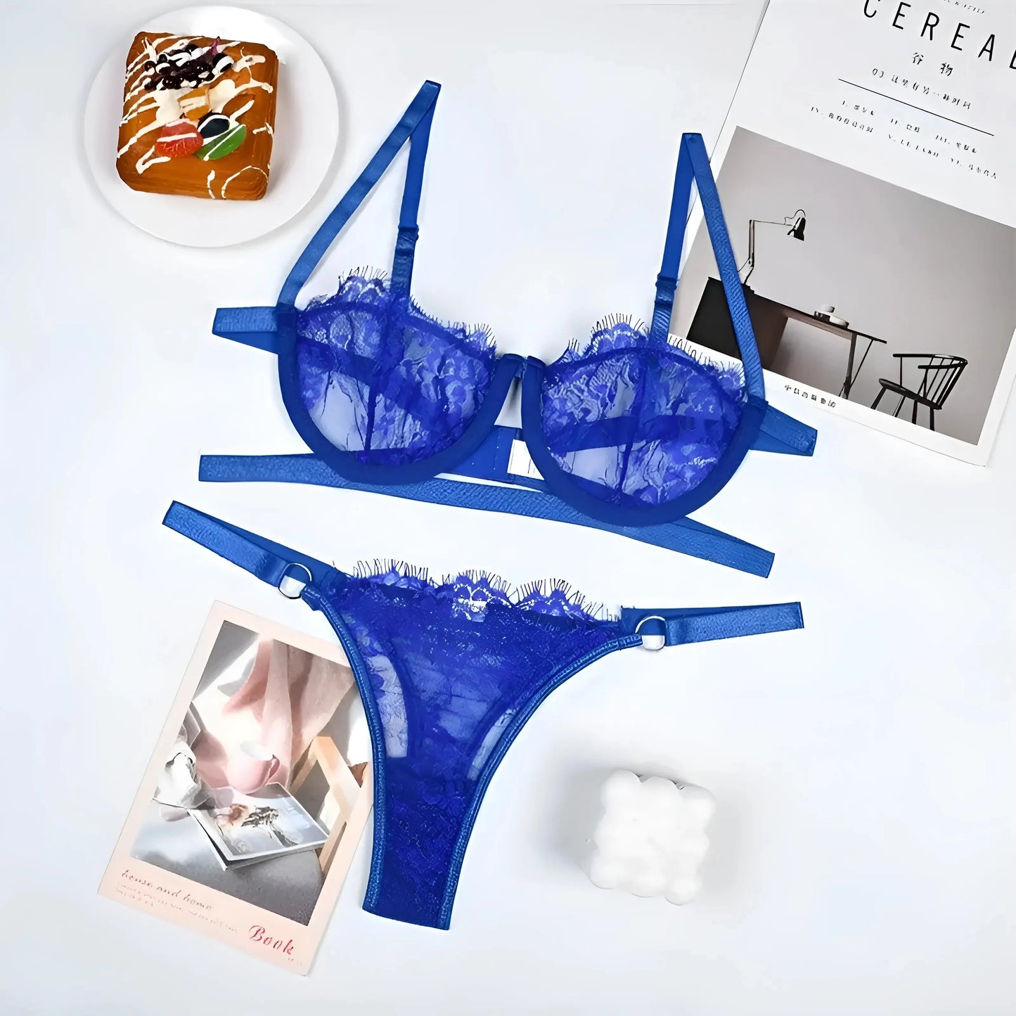 Blue Floral Lace Lingerie Set