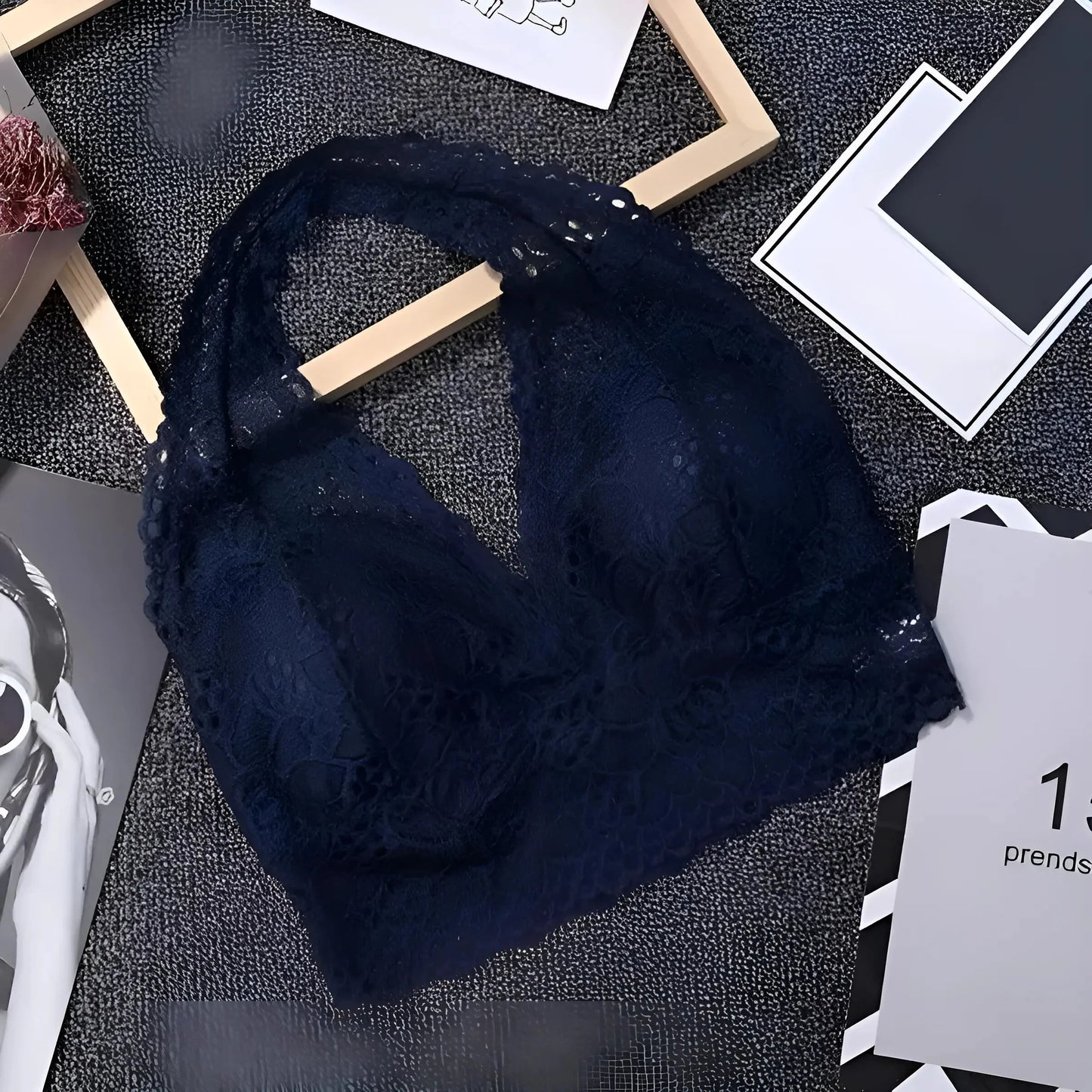 Blue Lace Neck Halter Bra