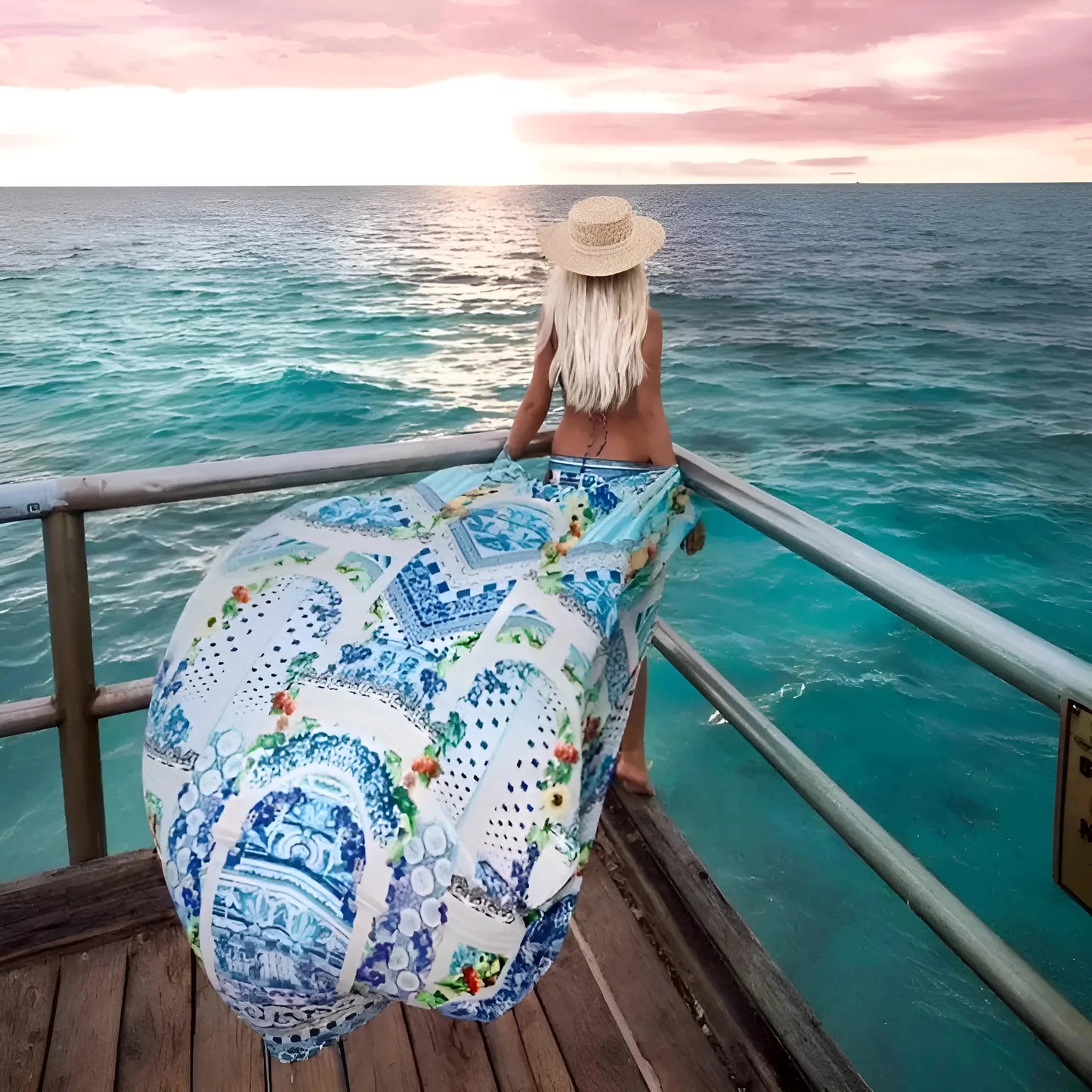 Blue Long Beach Kimono in Colourful Patterns