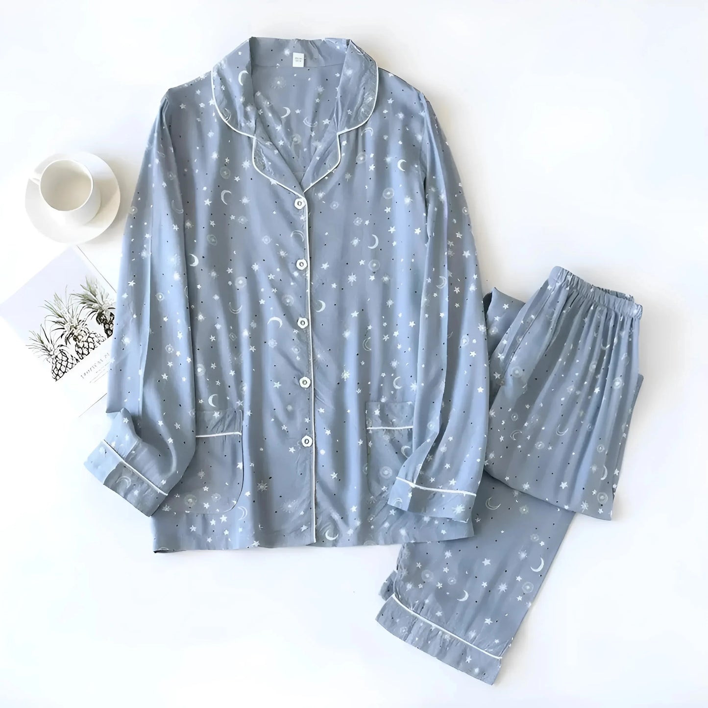 Blue Long Pyjama Set with Patterns