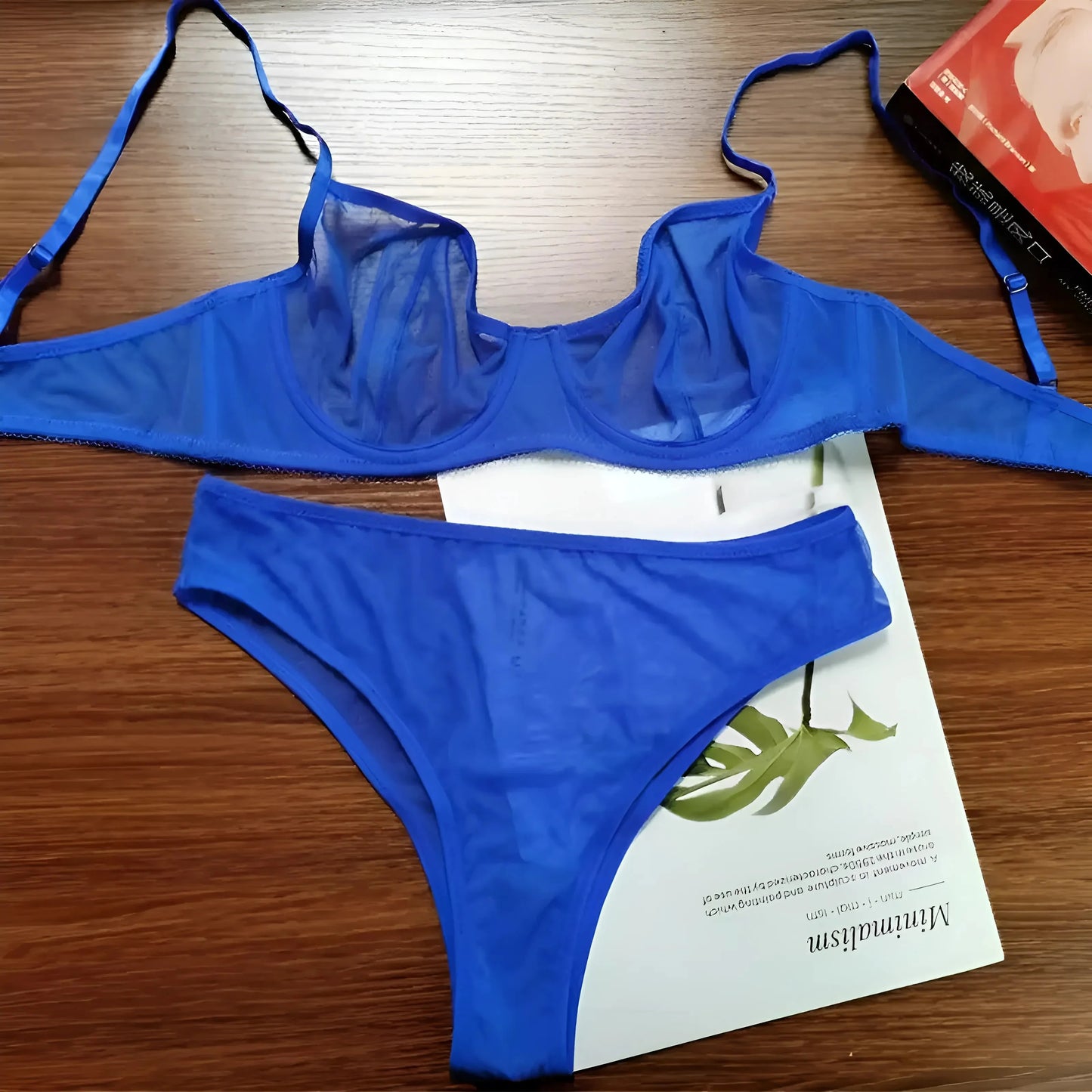 Blue Set of lingerie made from fine mesh