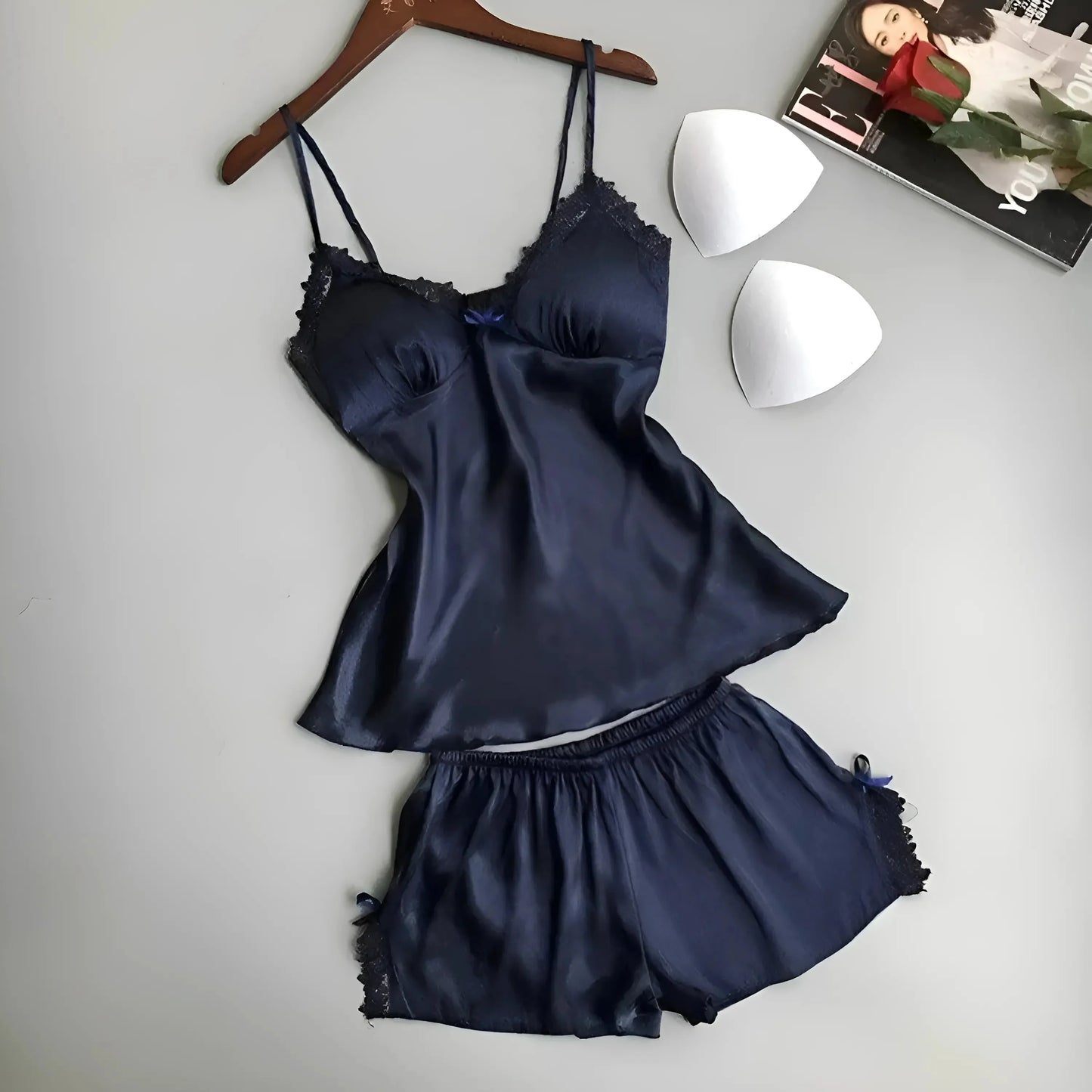 Blue Silk Pyjama Set with Lace Trim