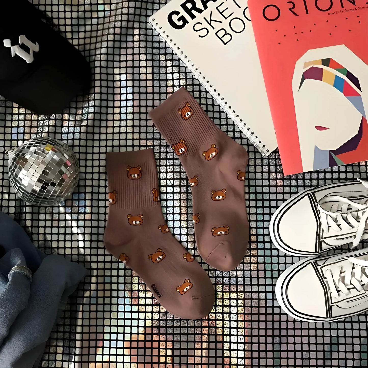 Brown Ankle Socks with Bear Design