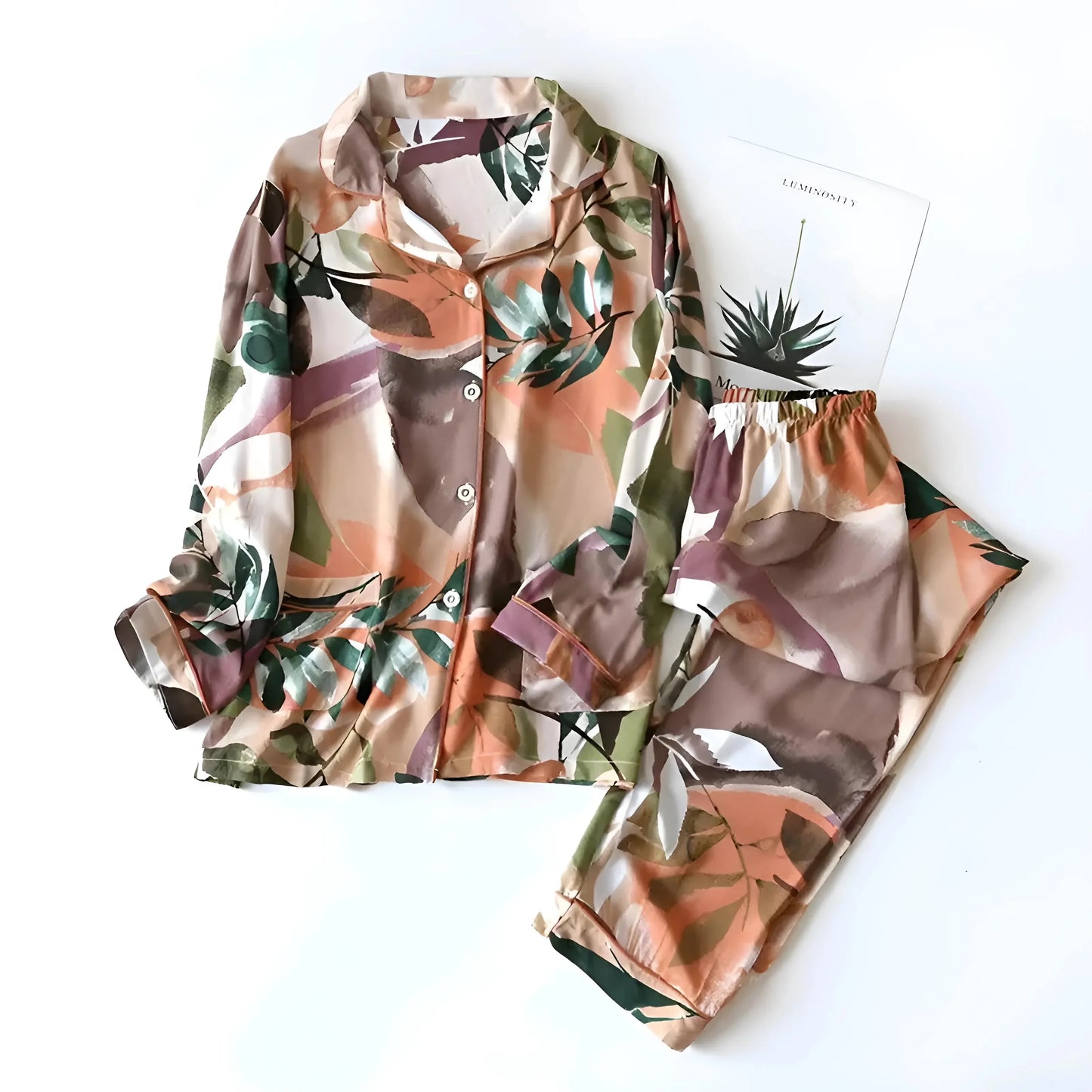 Brown Long Pyjama Set with Patterns