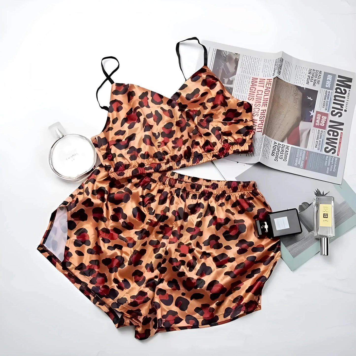 Brown Short Top and Patterned Pyjama Set