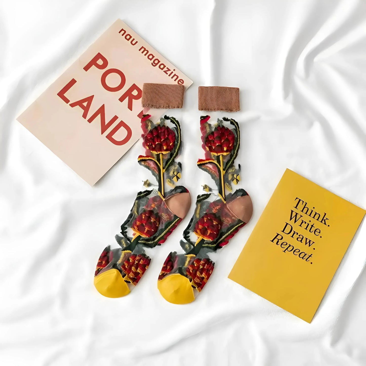 Brown Transparent Floral Patterned Socks