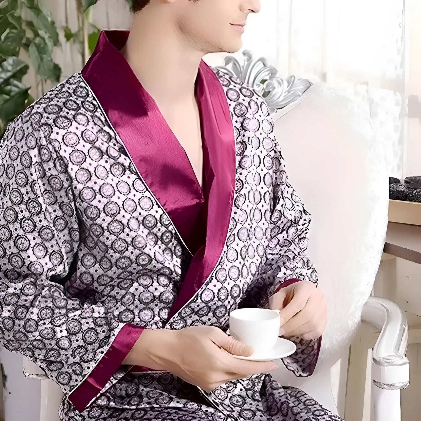 Burgundy Men's Patterned Robe