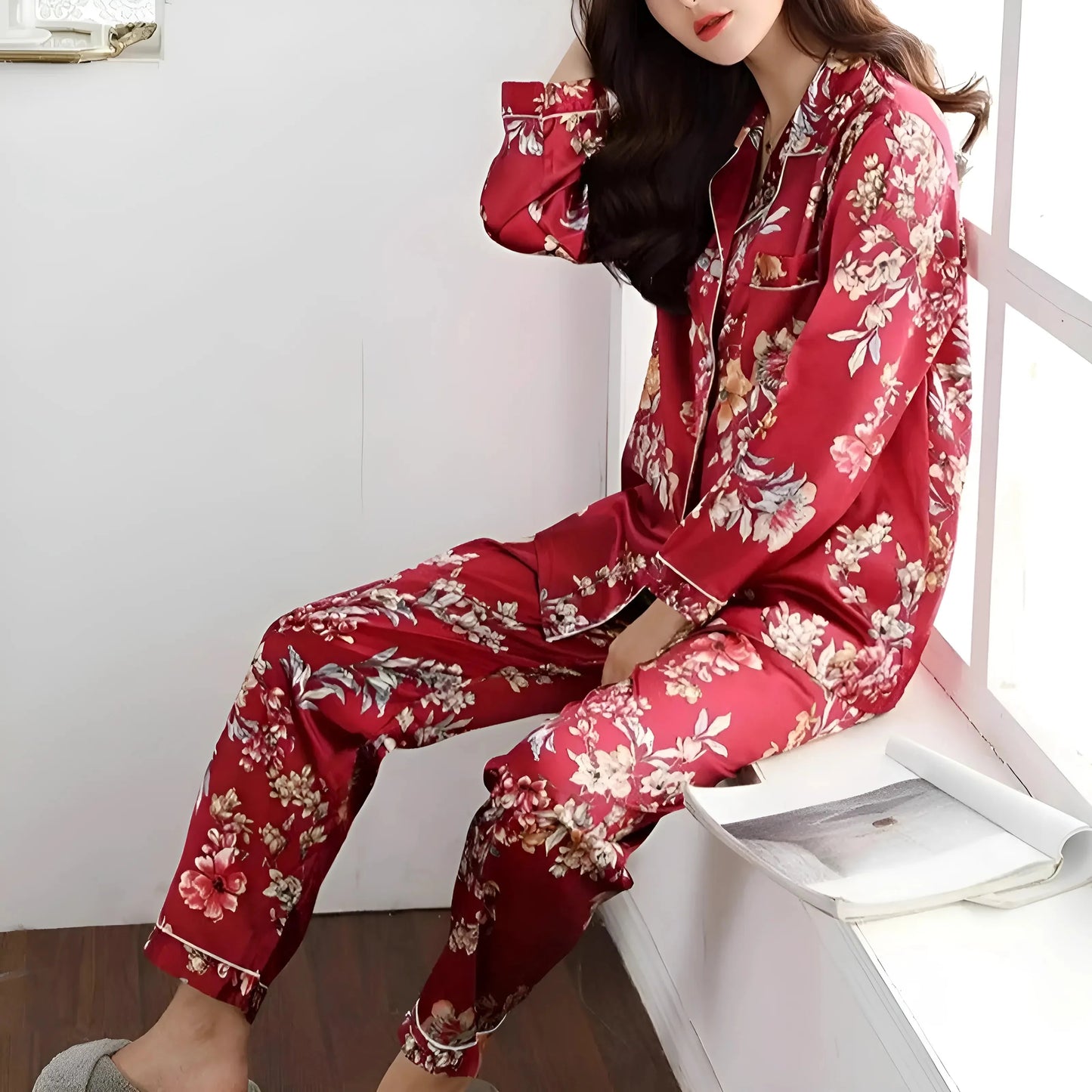 Burgundy Floral Satin Two-Piece Pyjama Set