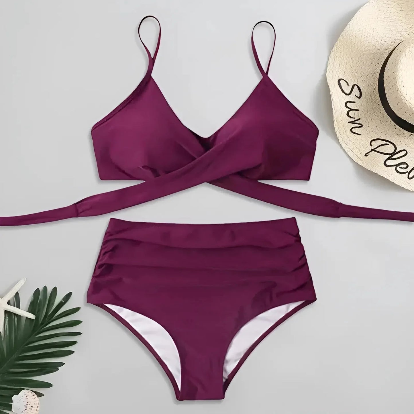 Burgundy High-Waisted Two-Piece Swimsuit with Cross-Over Neckline