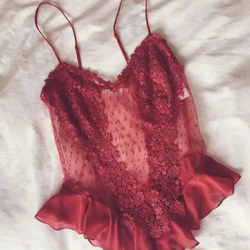 Burgundy Lace Bodysuit with Ruffle Trim