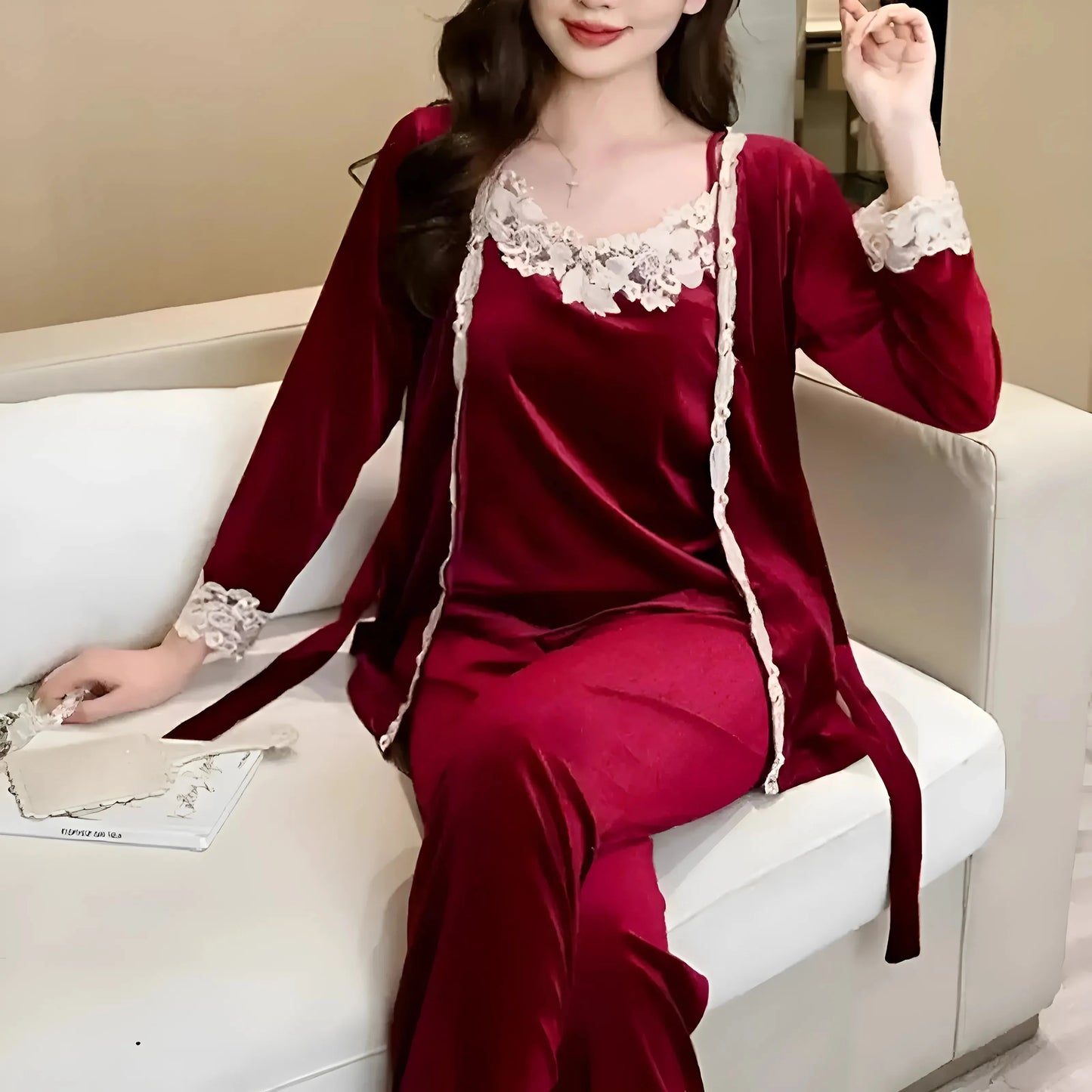 Burgundy Lace Trim Sleep Set