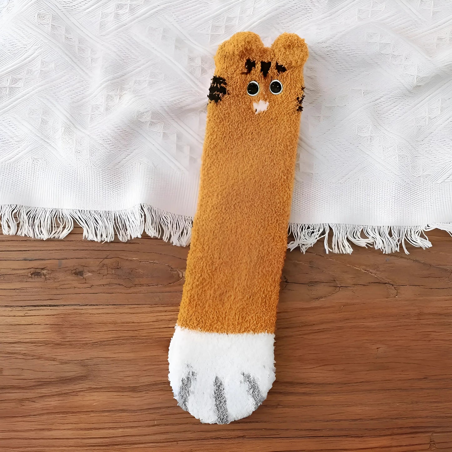 Caramel Fluffy Women's Socks with Cat Design