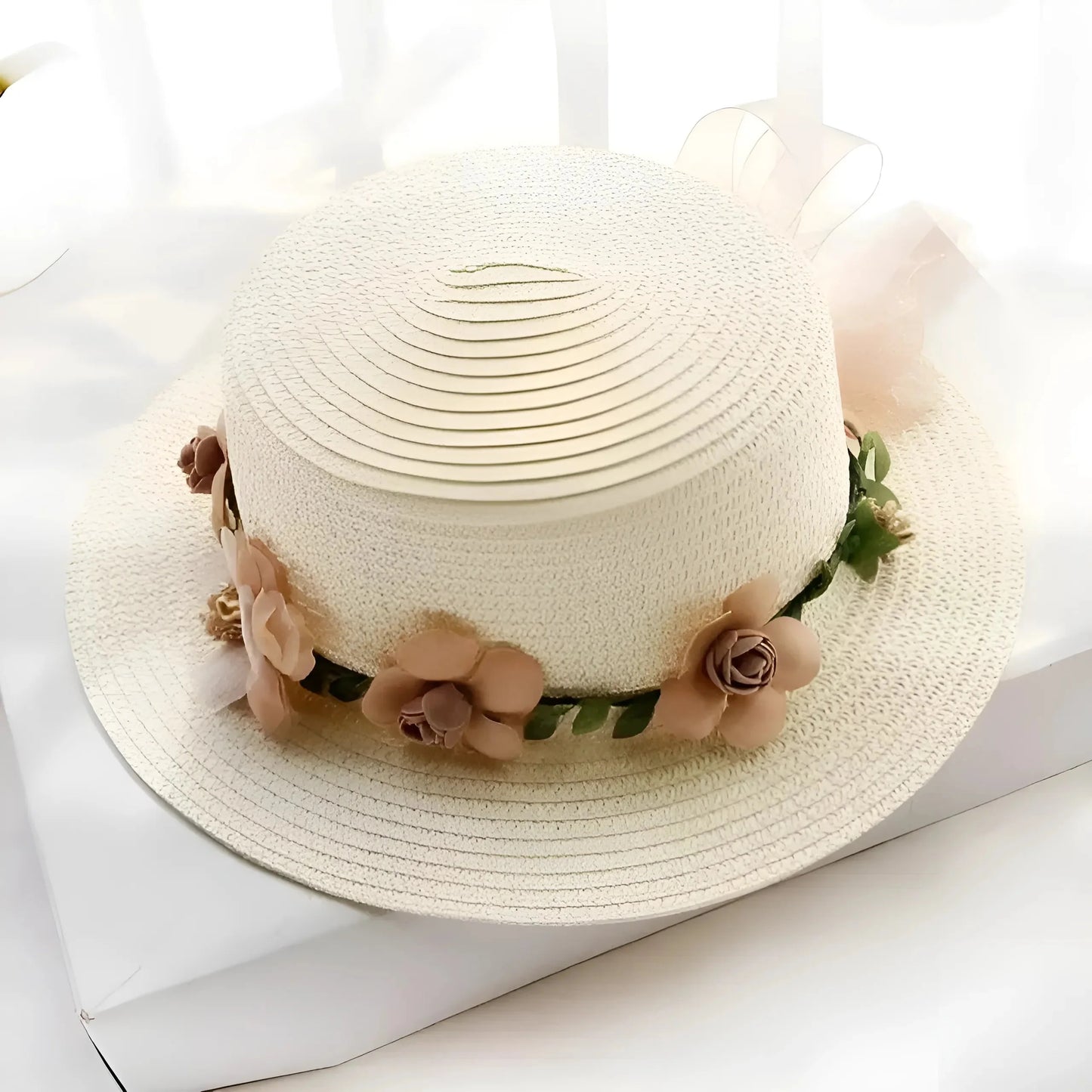Cream Floral Beach Hat