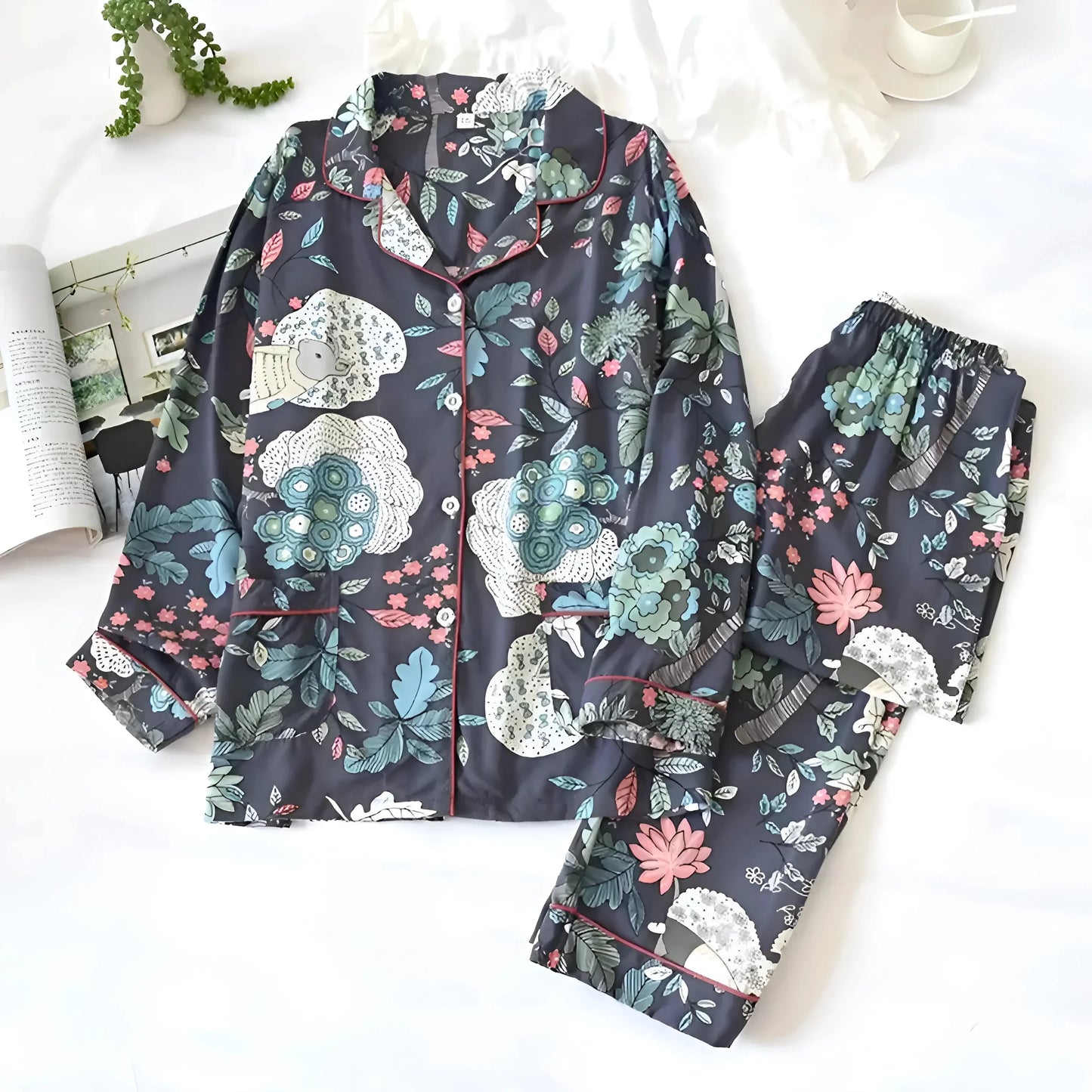 Dark Grey Long Pyjama Set with Patterns
