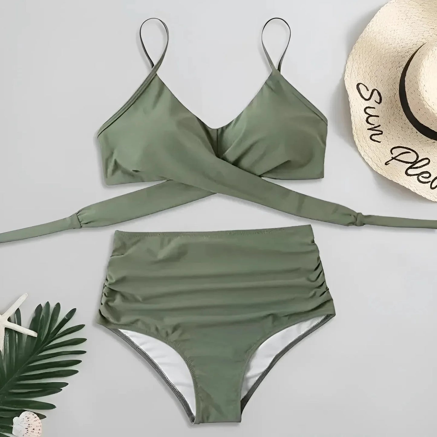 Green High-Waisted Two-Piece Swimsuit with Cross-Over Neckline