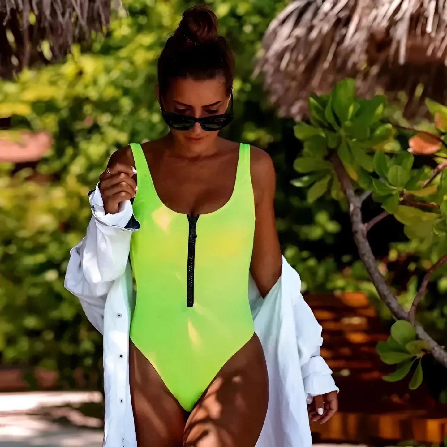 Green One-Piece Swimsuit with Zip