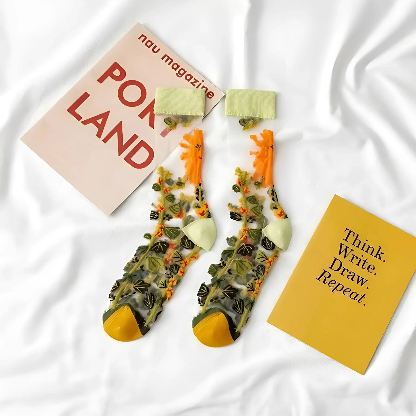 Green Transparent Floral Patterned Socks