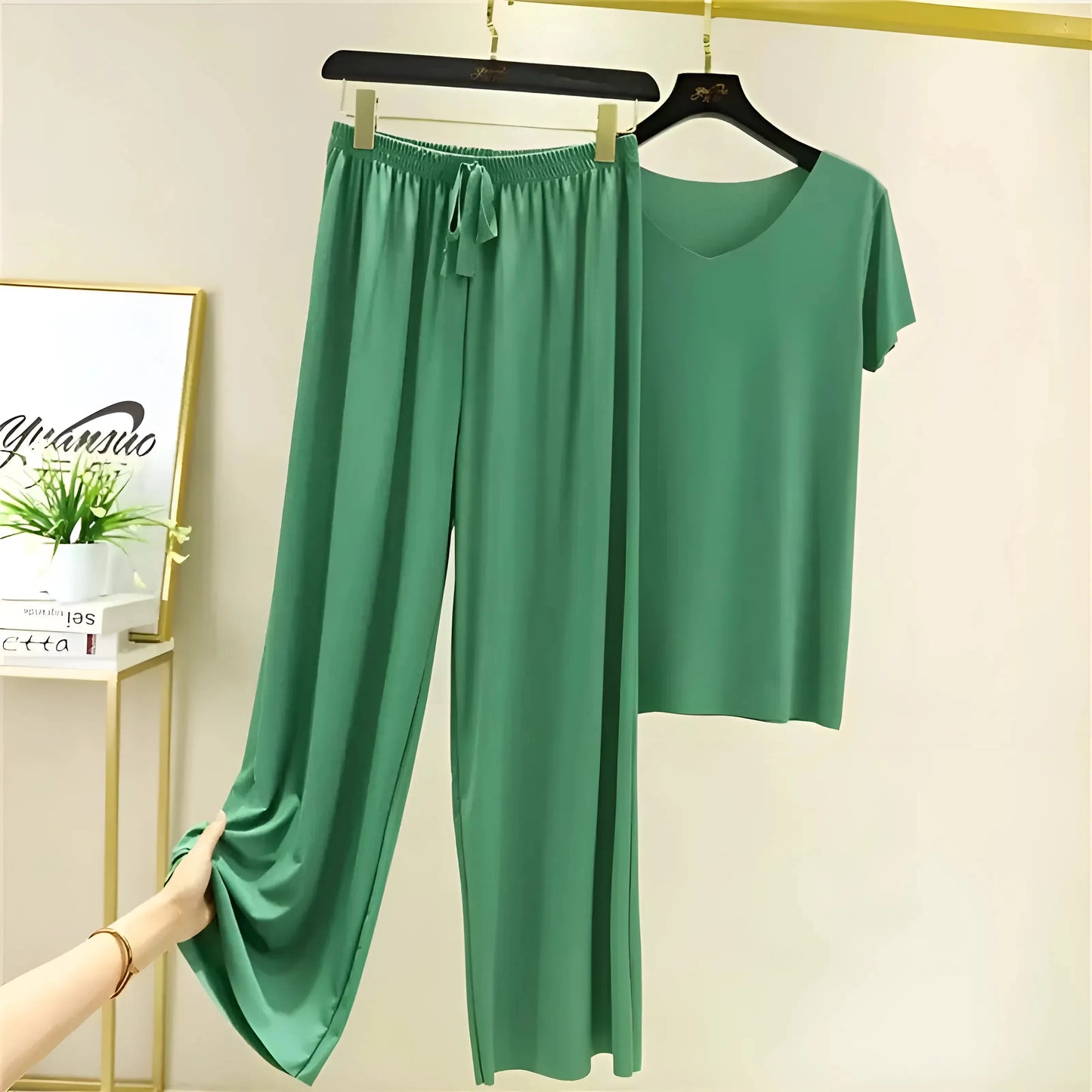 Green Women's Simple Pyjamas with Long Trousers