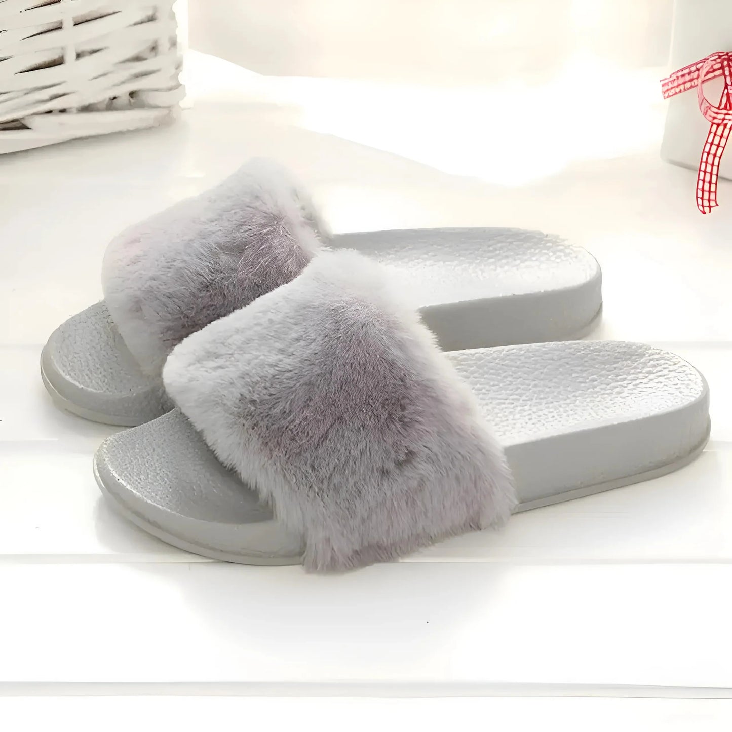 Grey Faux Fur Slippers