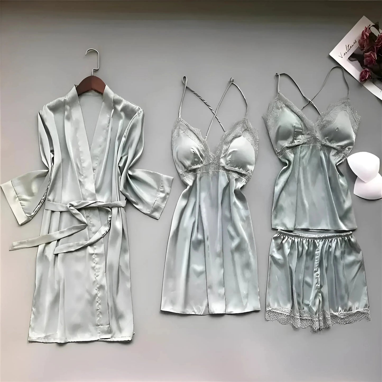 Grey Four-Piece Satin Sleep Set